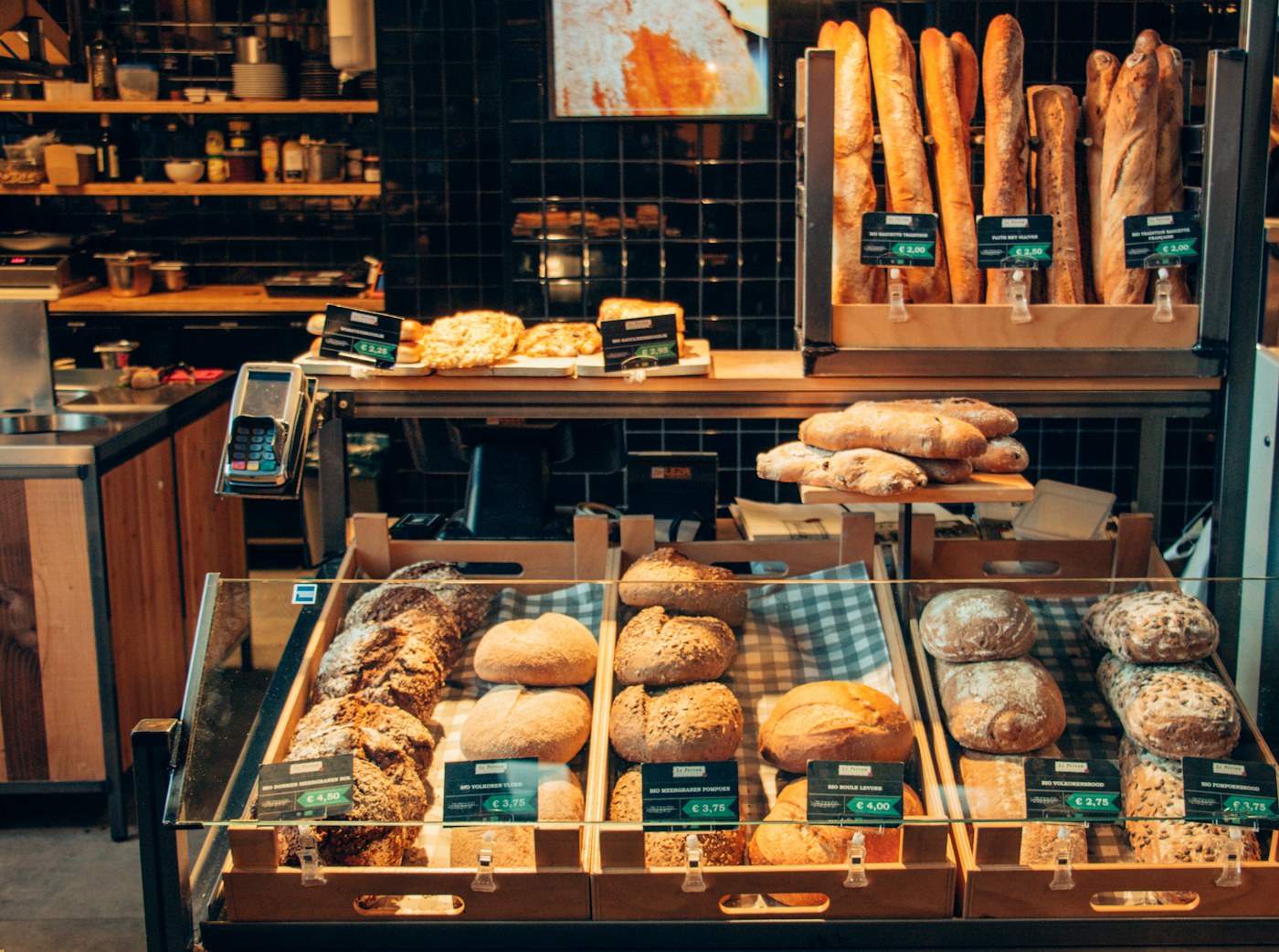 Pastries displayed on the bakery counter