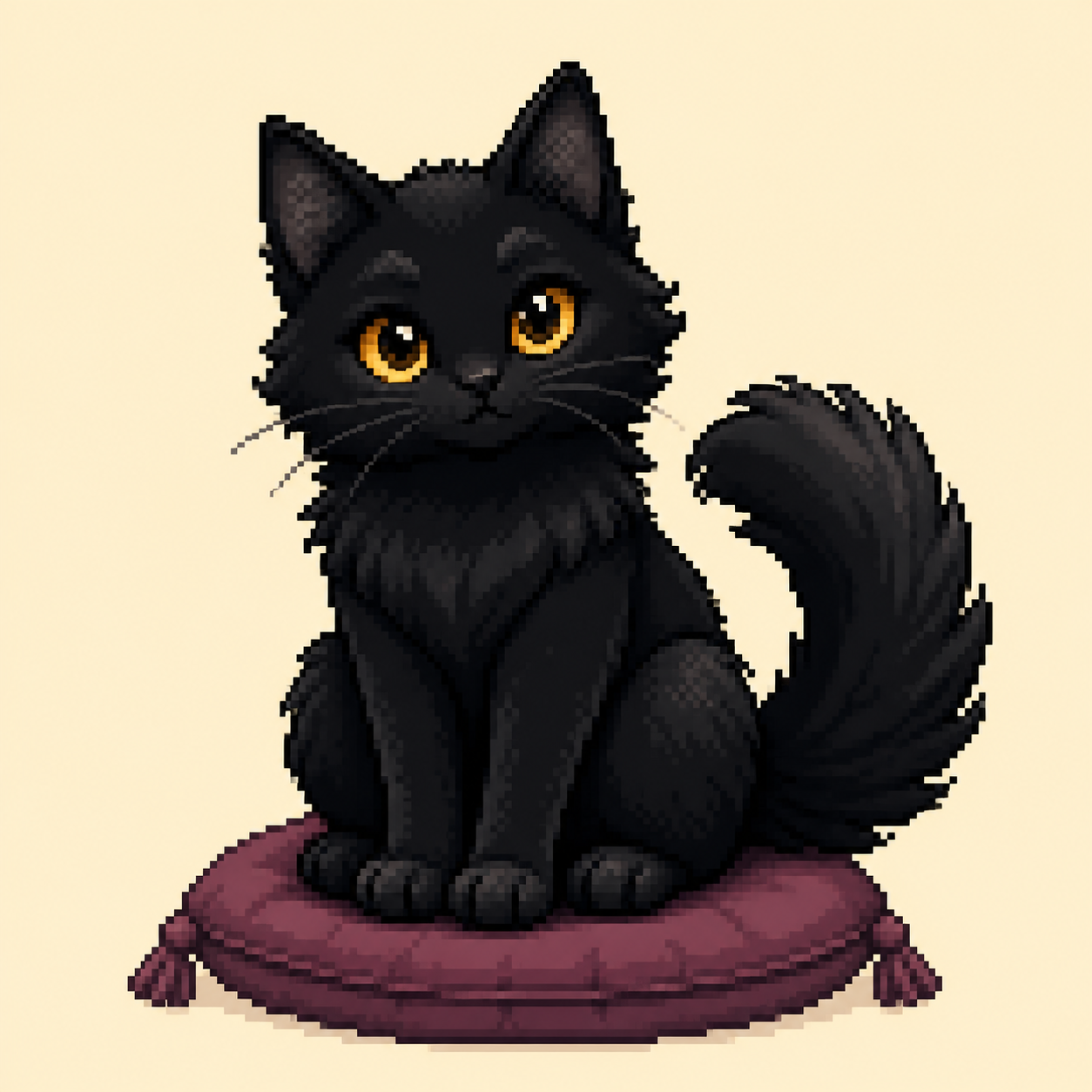 Portrait pixel art d’Obsi, le chat noir de Sarah à la queue touffue